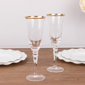 6-Pack Clear Champagne Flute Glasses 6oz Gold Rimmed Design with Long Beaded Stem 8.5" - Crystal Glasses for Toasting & Cocktails