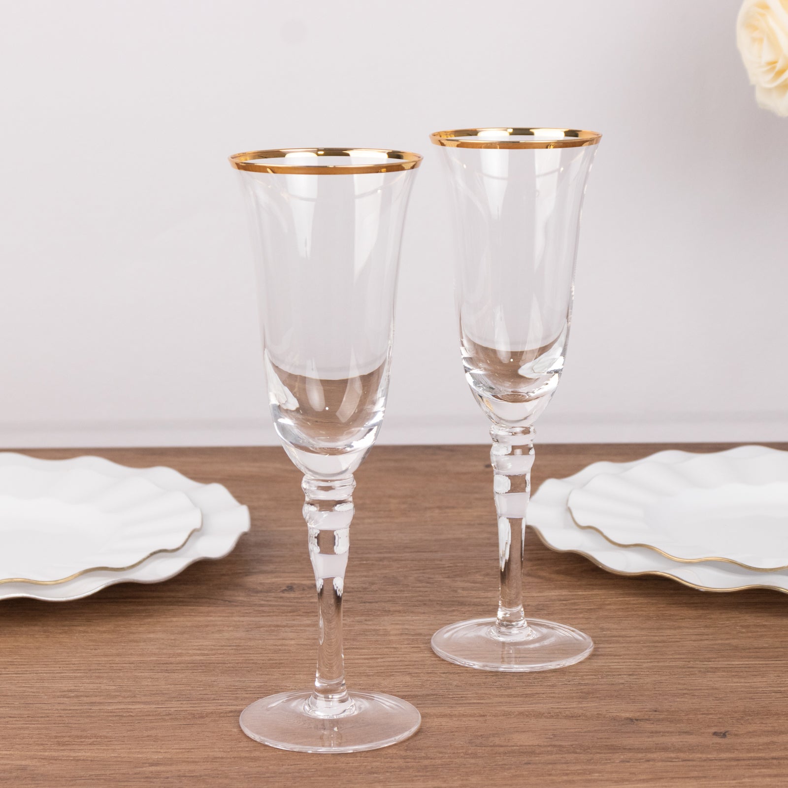 6-Pack Clear Champagne Flute Glasses 6oz Gold Rimmed Design with Long Beaded Stem 8.5" - Crystal Glasses for Toasting & Cocktails